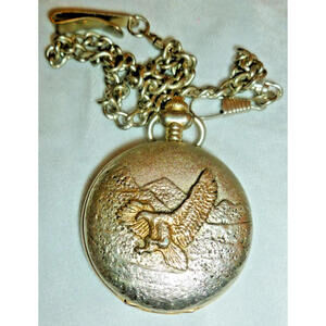 Milan Eagle Pocket Watch Silver Gold Tone 49mm Mens Japan Quartz Chain Clip